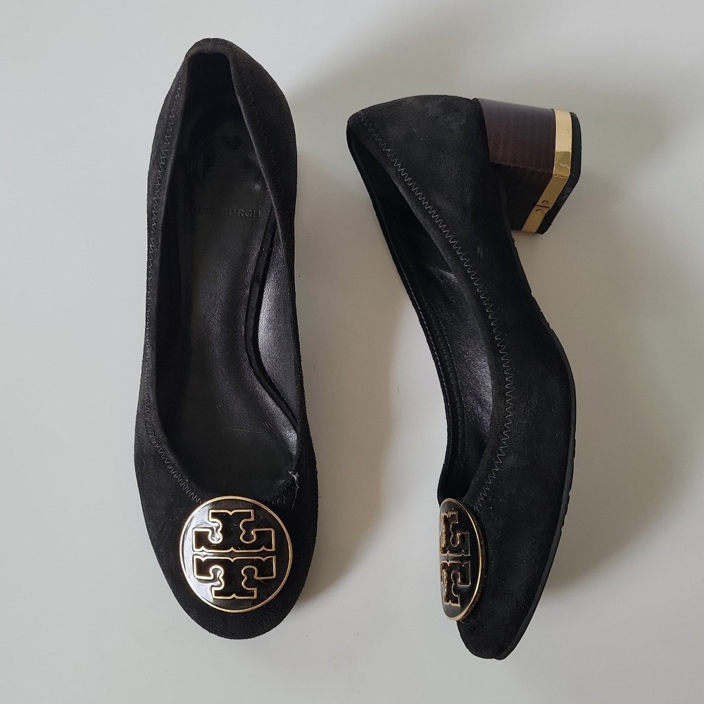 Tory Burch Amy Kid Block Heel Pumps 7.5 Black Suede Round Toe Ivy League Preppy